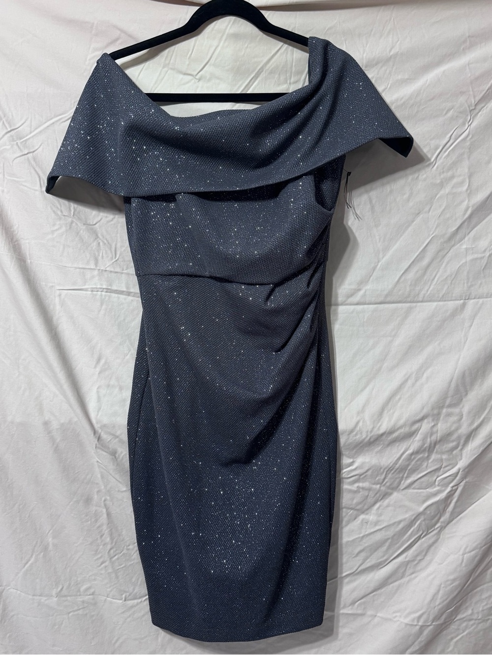 Vince Camuto off-Shoulder Sparkle Sheath Dress in Grey